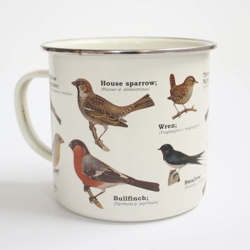 Garden Birds Mug displayed side on with some of the illustrations shown, including house sparrow and bullfinch.