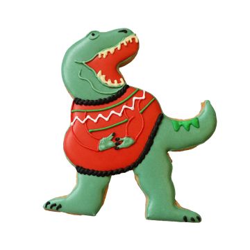 Biscuiteers T. rex in a Christmas Jumper Gingerbread Biscuit