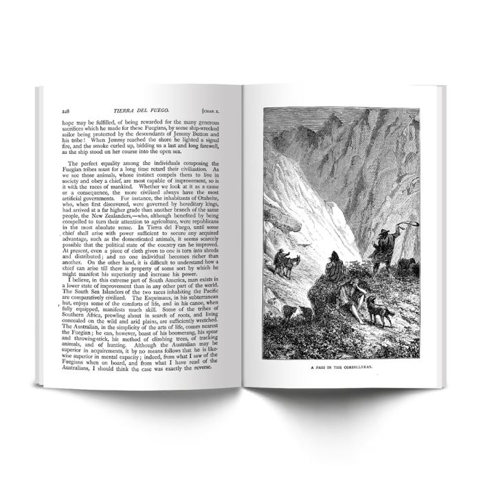 Inside pages about Tierra del Fuego, with text on the left page and a black and white sketch on the right. The sketch is of animals and people up a mountain and is titled A pass in the cordilleras.