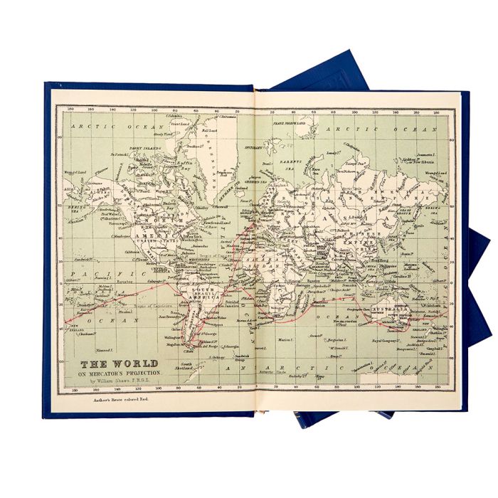 A colour map of the world from the book showing a red line with arrows on it. The map is called 'The world on the mercator's projection by William Shawe FRGS'.