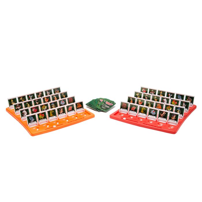 The orange and red game boards and a stack of playing cards.