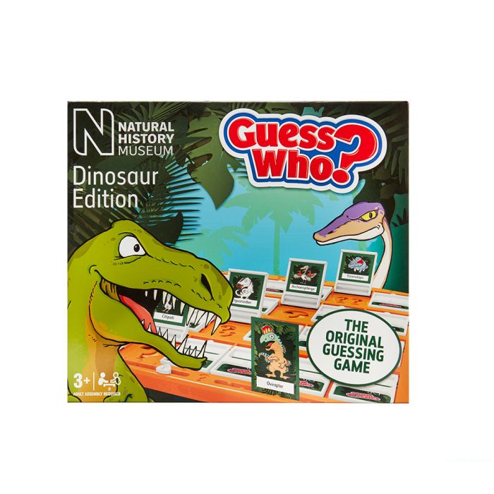 A front on shot of the Guess Who? Dinosaur Edition Board Game packaging, which is a square box with an illustration of two dinosaurs playing the game.