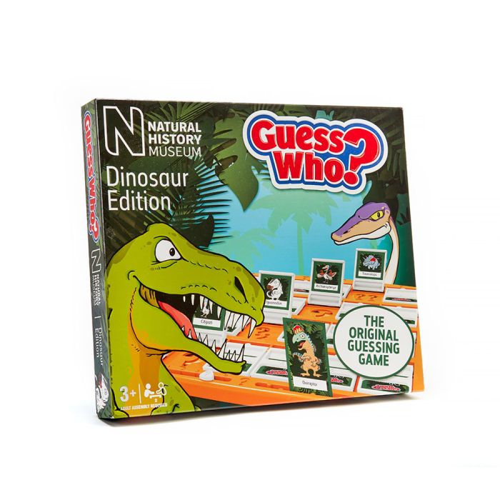 A side-on shot of the Guess Who? Dinosaur Edition Board Game packaging, which is a square box with an illustration of two dinosaurs playing the game.