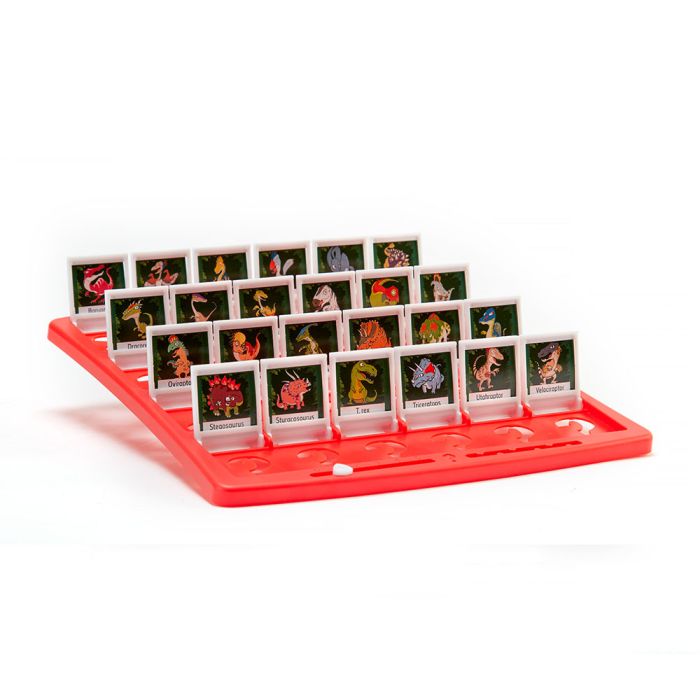 One of the boards (with the red tray) with the dinosaur illustrations flipped up.
