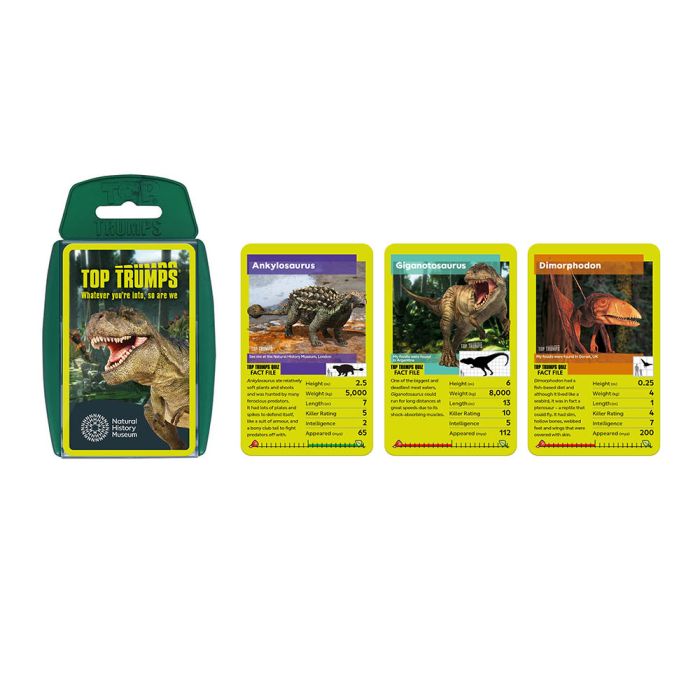 Three of the cards shown next to the Top Trumps packaging. The cards show the fact files of Ankylosaurus, Giganotosaurus and Dimorphodon.