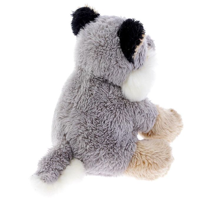 A back view of the toy. Its body, tail and head are light grey and the back of its ears are black.