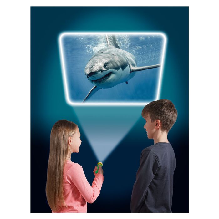 Sea Creatures Torch and Projector with children projecting the great white shark image