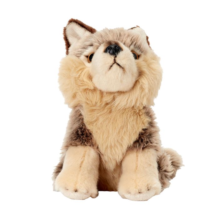 Front on view of the Grey Wolf Soft Toy in a seated position.