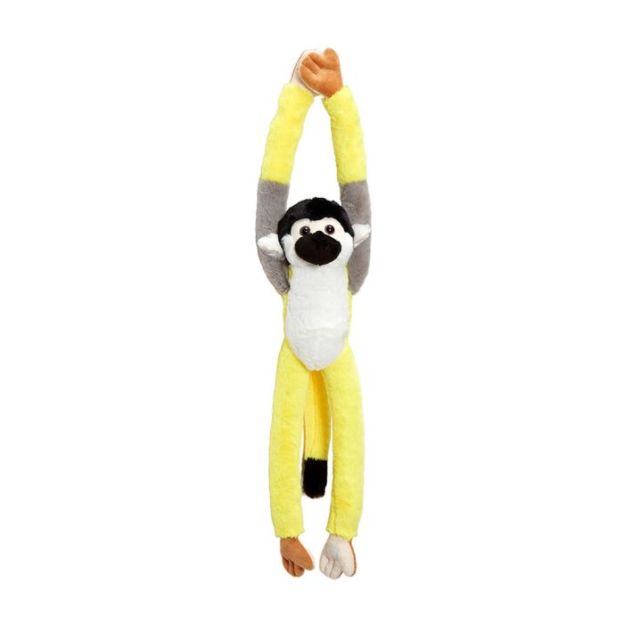 The squirrel monkey toy is shown hanging full length with its hands Velcroed together and its yellow legs dangling down. 