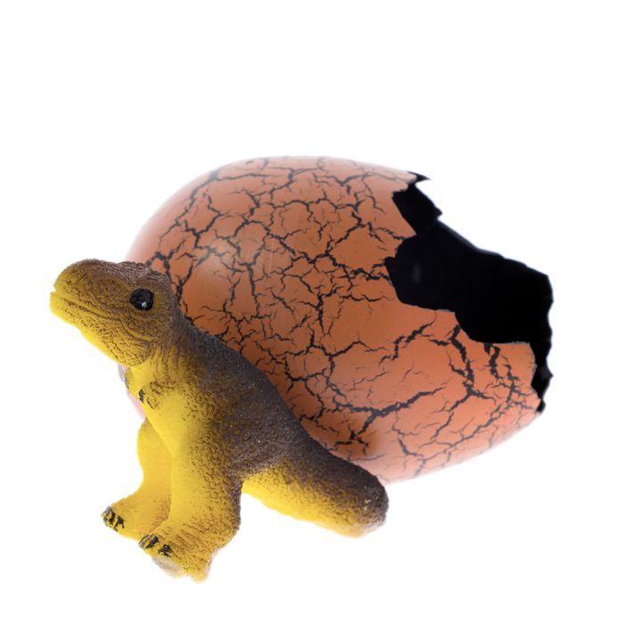 The yellow and brown coloured T. rex toy is shown outside of its cracked orange egg.