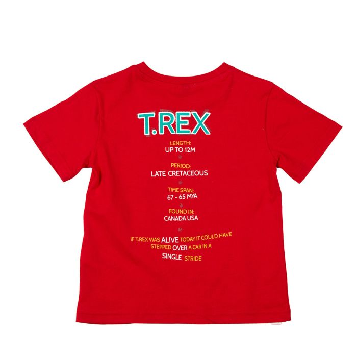 The reverse side of the red T. rex Facts T-shirt for Kids with T. rex (in blue) above five facts.