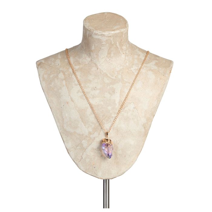 Amethyst Smooth Point Pendant Necklace displayed on a cream-coloured shoulder bust.