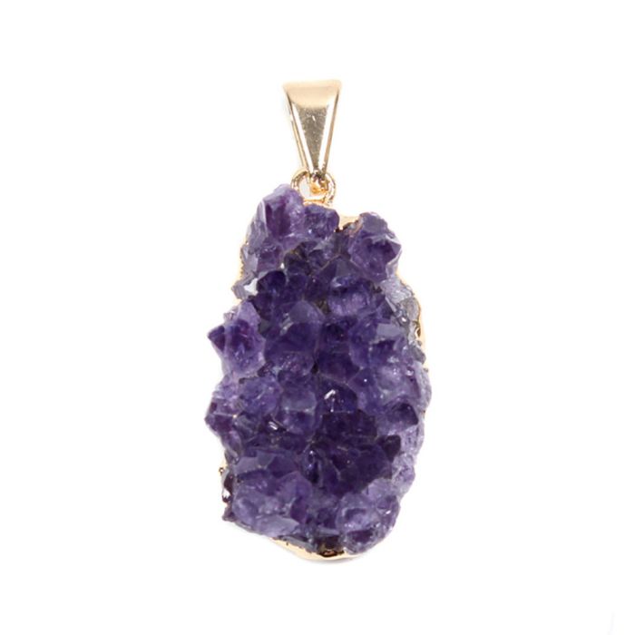 A close up of the purple amethyst pendant only. The shape of this example pendant is rectangular with a bumpy texture.