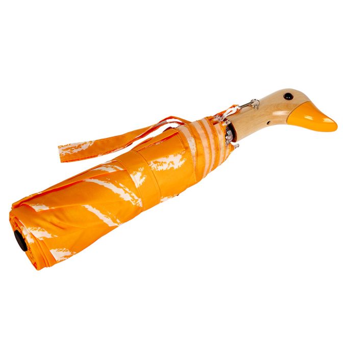 The umbrella is shown closed and wrapped. The orange and white canopy has a material handle and the wooden handle is in the shape of a duck head with a black eye and orange beak.