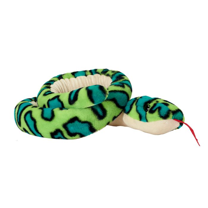 Side on view of the Green Anaconda Snake Soft Toy curled up.
