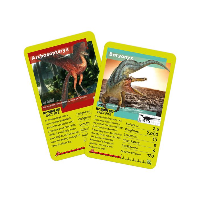 Two of the cards shown close up with images and fact files. They are for Archaeopteryx and Baryonyx. 