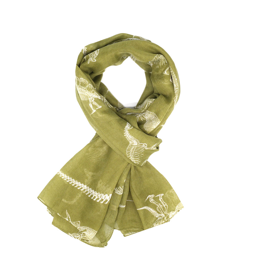 Olive Green Dinosaur Skeleton Print Scarf