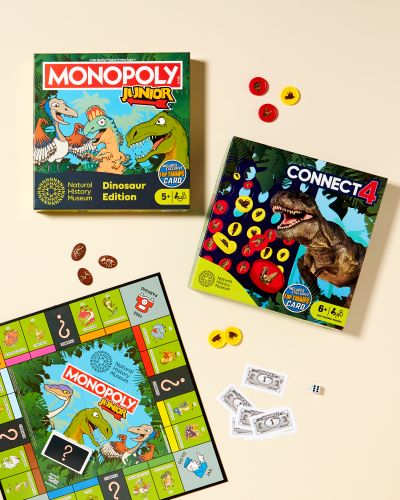 Junior Monopoly and Connect 4 board games are shown with their contents.