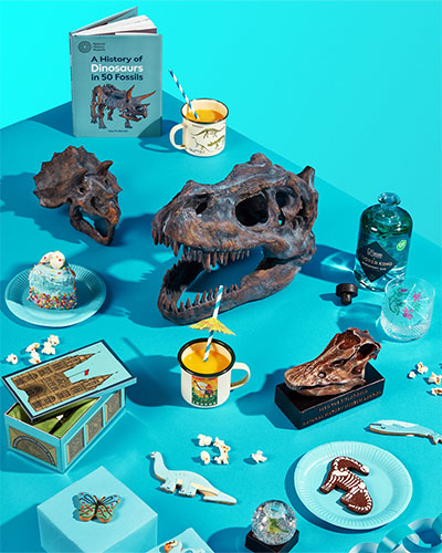 Dinosaur-themed products, including a Triceratops replica skull, a book on fossils and Discovery Gin bottle arranged on a bright blue table and styled as if having a party.