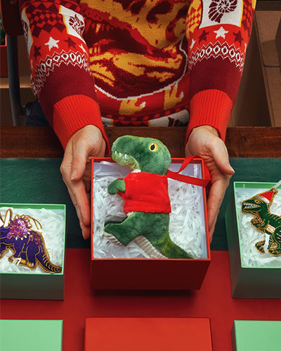 The arms of someone dressed in our Christmas jumper holds a box with a T. rex plush Christmas tree decoration inside it.