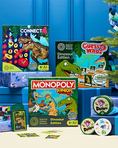 Dinosaur-themed board games and card games.