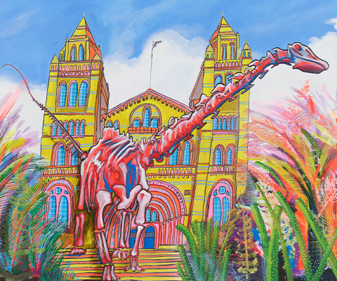 A landscape painting of Fern the Diplodocus skeleton walking down the steps from the Waterhouse building entrance to the Museum. The iconic towers reach up into the blue, cloudy sky and the steps are surrounded by colourful grasses.