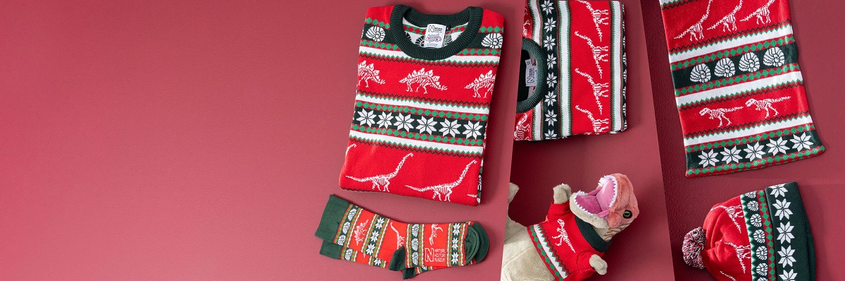 Dinosaur Christmas jumpers, socks, bobble hat and soft toy T. rex in a jumper