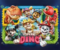 An illustration of PAW Patrol members and the T. rex characters from the PAW Patrol: The Dino Movie.