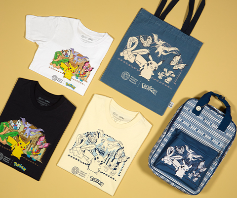 T-shirts and bags from the Pikachu and Friends collection.