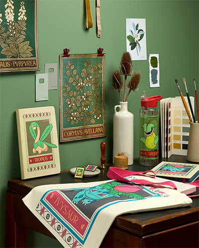 Pokémon products in the style of our Museum’s botanical ceiling tiles.
