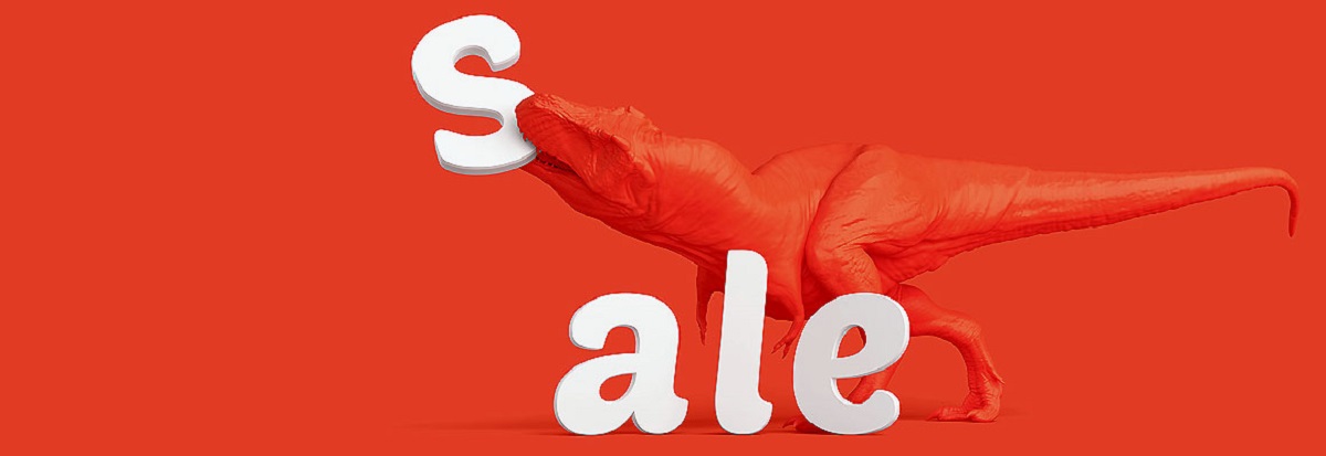 An illustration of a T. rex biting the letter s of the word ‘sale’.
