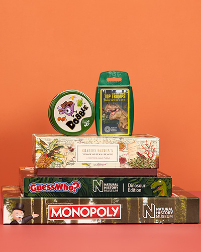 Dinosaur-themed board games are stacked on top of each other.