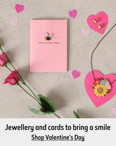 Card and sunflower necklace with the caption Shop Valentine's Day
